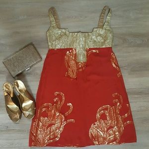 Nicole Miller Orange & Gold Brocade Goddess Dress